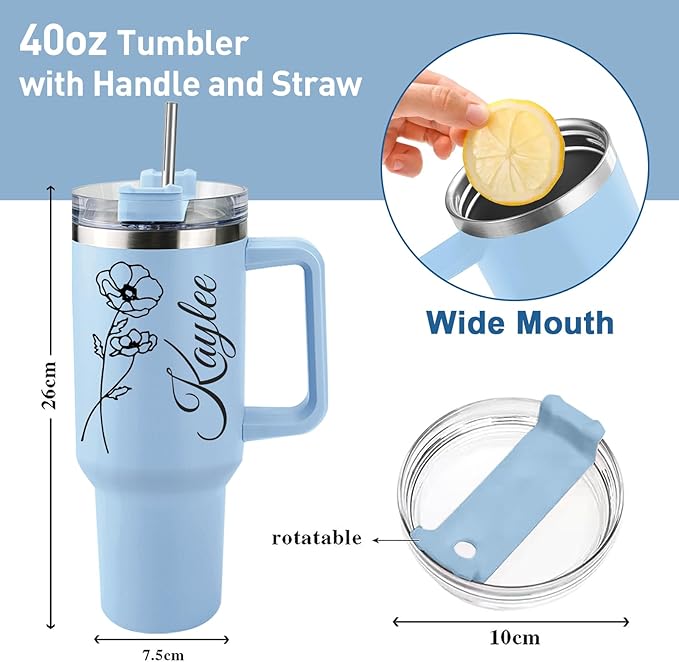 Personalized 40 Oz Tumbler with Handle and Straw, Custom Cup with Name & Birth Flower, Stainless Steel Travel Coffee Tumbler,Personalized Christmas Birthday Gifts for Women, Teen Girls