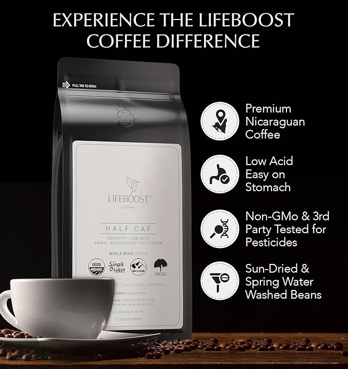 Lifeboost Half Caff Whole Bean Coffee - Non-GMO Low Acid Single Origin USDA Organic Coffee - Third Party Tested For Mycotoxins & Pesticides - 12 Ounces