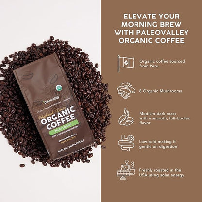 Paleovalley Organic Ground Coffee, 10oz - Decaf, Low Acid, Single-Origin, Polyphenol-Rich, Infused with Mushrooms