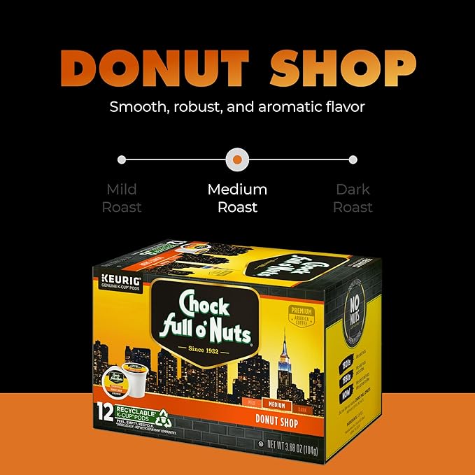Chock full o’Nuts Donut Shop Keurig K-Cup Pods for Keurig Brewers – Premium Arabica, Medium Roast – Single Serve – 4 Packs of 24 K-Cup Pods
