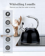 Load image into Gallery viewer, Harriet Tea Kettle Stovetop, 2.5 QT Whistling Stainless Steel Teapot, 3-Layer Base, Unique Ergonomic Handle, Includes Pot Holder &amp; Mat, Electric/Induction/Gas Stovetops Applicable, Black