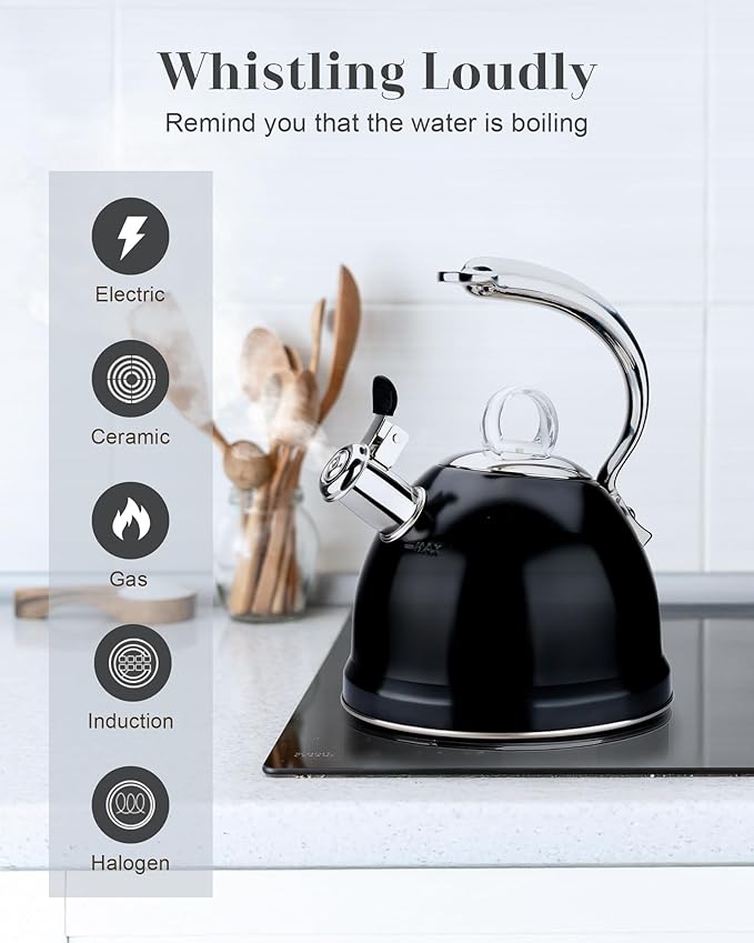 Harriet Tea Kettle Stovetop, 2.5 QT Whistling Stainless Steel Teapot, 3-Layer Base, Unique Ergonomic Handle, Includes Pot Holder & Mat, Electric/Induction/Gas Stovetops Applicable, Black