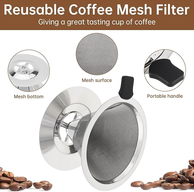 Reusable Coffee Filter, Cone Pour Over Coffee Dripper Paperless Coffee Maker Dripper for 1-2 Cup, Stainless Steel Coffee Permanent Filter, Coffee Dripper for Cuisinart Coffee Maker Filter and Brewer