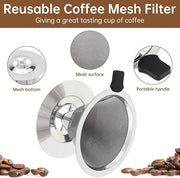 Reusable Coffee Filter, Cone Pour Over Coffee Dripper Paperless Coffee Maker Dripper for 1-2 Cup, Stainless Steel Coffee Permanent Filter, Coffee Dripper for Cuisinart Coffee Maker Filter and Brewer