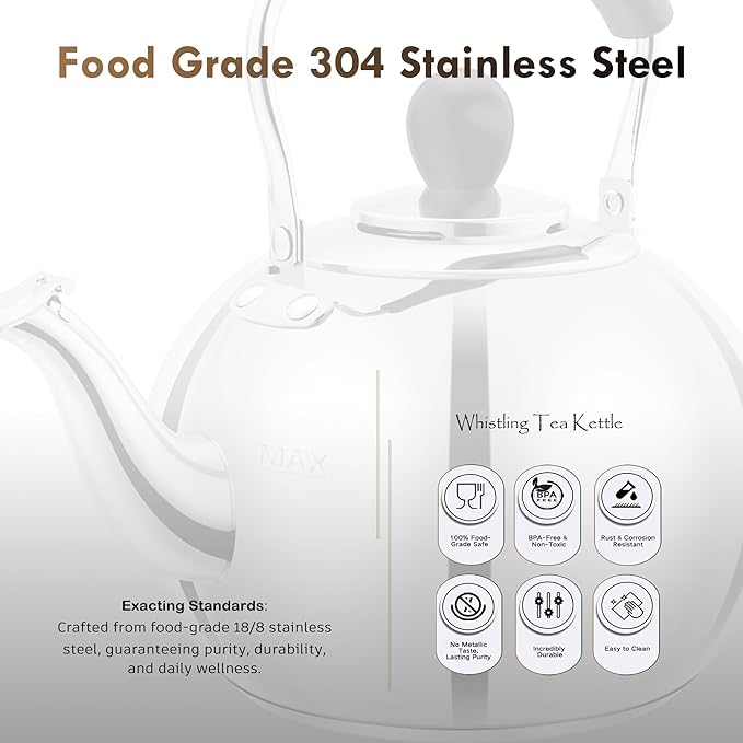 Whistling Tea Kettle Stovetop - 2.3 Quart Round Tea Pot for Stovetop, Silver Mirror Polished Classic Stovetop Kettle, Food Grade Material Teapot for Stove Top