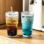 Load image into Gallery viewer, Ribbed Drinking Glasses,with Lids and Straws Glass Cup,19oz Glass cup,4 Pack Old Fashioned Glasses,Thickened for iced coffees,cocktails and juices, perfect for families and parties (4)
