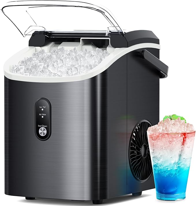Nugget Ice Maker Countertop - Pebble Ice Maker with Self-Cleaning, 35lbs/Day, Ready in 6 Mins, Portable Sonic Ice Machine with Handle, Basket & Scoop for Home, Kitchen, RV, Outdoor (Black)