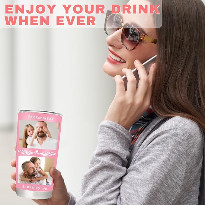 Personalized Tumbler with Pictures Text, Custom Photo Stainless Steel Coffee Tumbler, Coffee Travel Mug Cup 20 Oz Custom Gifts for Fathers Day Christmas Birthday for Dad Mom Kids