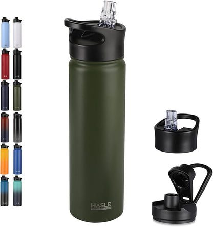 HASLE OUTFITTERS Insulated Water Bottle 22 oz Double Wall Stainless Steel Water Bottle Wide Mouth with Straw Lid & Spout Lid Keeps Cold or Hot(Army Green,1)