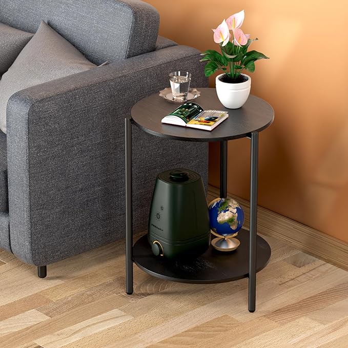 Round Side Table, 2-Tier Circle End Tables with Storage Wood Rustic Small End Tables Farmhouse Side Table for Living Room Bedroom Balcony Small Spaces