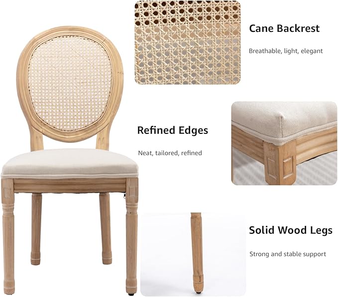 French Country Dining Chairs Set of 2, Beige Cane Back Rattan Dining Chairs with Linen Upholstered Seat, Solid Wood Legs, Farmhouse Kitchen & Dining Room Chairs, Sillas De Comedor (Beige, 2Pcs)