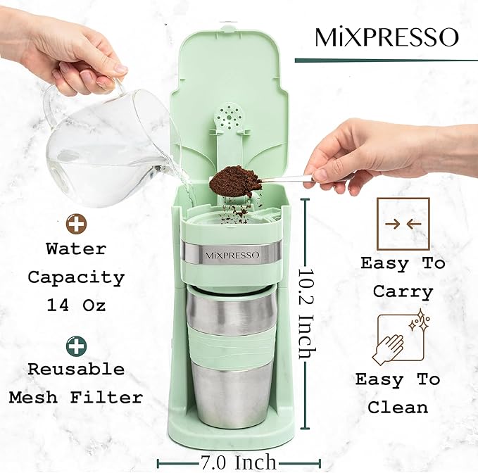Mixpresso Green Personal Single Serve Coffee Maker with 14oz Travel Mug, Drip Small Coffee Maker with Auto Shut Off, Reusable Filter, Works with Ground Coffee Only – Not for K-Cup Pods