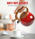 Load image into Gallery viewer, Festive Red Stovetop Whistling Tea Kettle 3.2 Quart - Stainless Steel with Wood Grain Handle, Loud Christmas Whistle for Boiling Water, Holiday Cocoa &amp; Milk, Easy-Pour Spout Classic Design