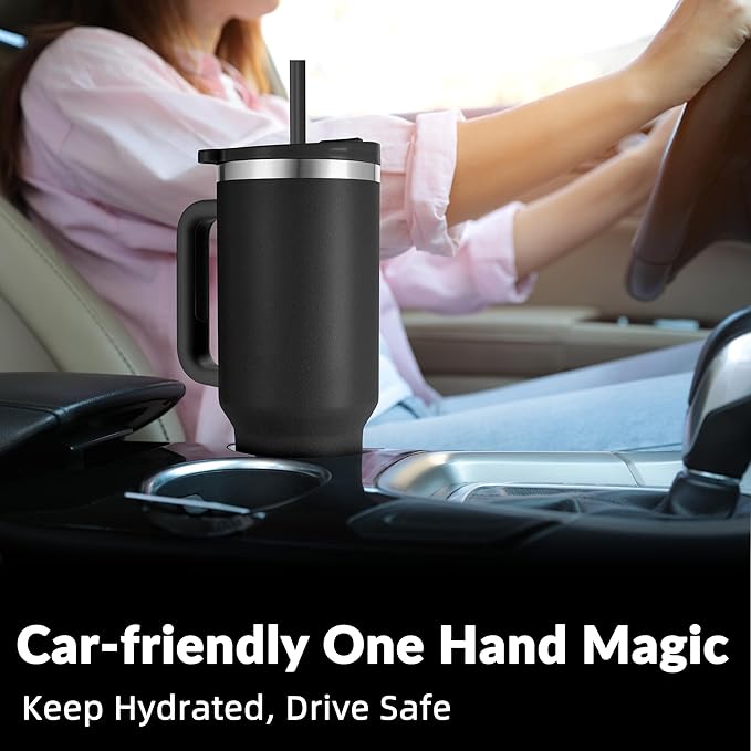 WETOWETO 40oz Tumbler with Handle and Lid | 100% Leakproof Insulated Stainless Steel Travel Mug | Keeps Cold 34Hrs/Hot 10Hrs | Dishwasher Safe, Fits Car Cup Holder (Midnight Black Color)