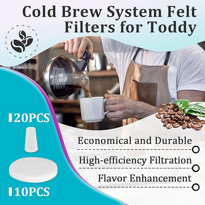 30 Pcs Cold Brew System Felt Filters for Toddy, Reusable Coffee Filters, Fits for Nispira Replacement Water Filter and Alocs Coffee Filter(Include 10 Pcs Coffee Filters and 20 Pcs Stoppers)
