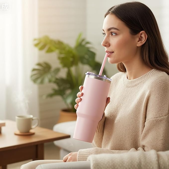 COKTIK 40 oz Tumbler With Handle and Straw Lid, Vacuum Insulated Travel Coffee Mug Stainless Steel Insulated Cup for Beverages, Leak-proof, Cupholder Friendly (Blush)