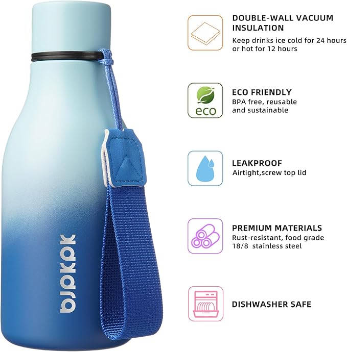 BJPKPK Insulated Water Bottles, 12oz Stainless Steel Metal Water Bottle with Strap, BPA Free Leak Proof Jugs, Mugs, Flasks, Reusable Thermal Flasks for Sports & Travel, Sky