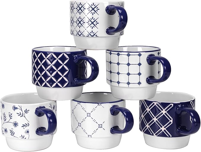 Schliersee 12 OZ Stackable Ceramic Coffee Mugs set of 6, Geometric Floral Pattern Small Mug, Blue White Porcelain Coffee Mug, Stacking Coffee Mugs, Tea Mug, Water Cup, Dishwasher Safe, Microwave Safe