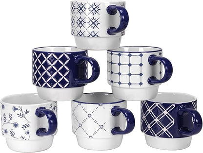 Schliersee 12 OZ Stackable Ceramic Coffee Mugs set of 6, Geometric Floral Pattern Small Mug, Blue White Porcelain Coffee Mug, Stacking Coffee Mugs, Tea Mug, Water Cup, Dishwasher Safe, Microwave Safe