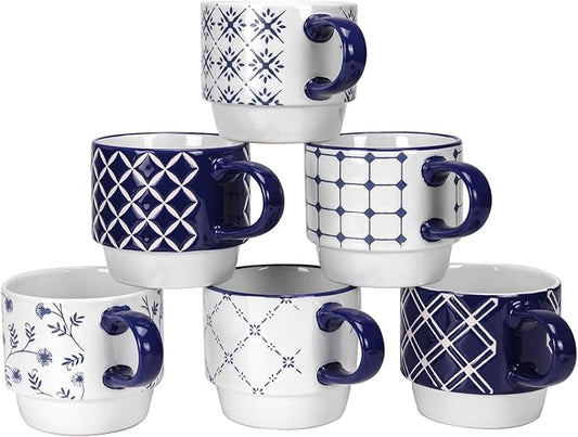 Schliersee 12 OZ Stackable Ceramic Coffee Mugs set of 6, Geometric Floral Pattern Small Mug, Blue White Porcelain Coffee Mug, Stacking Coffee Mugs, Tea Mug, Water Cup, Dishwasher Safe, Microwave Safe