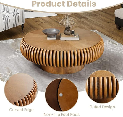 Round Fluted Coffee Table Modern Handcraft Drum Coffee Table with Sturdy Pedestal 31.5" Farmhouse Center Table Tea Table for Living Room, Reception Room, Entertainment Room (Brown 31.5 inch)