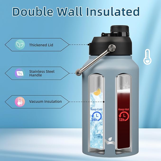 Jug with Handle,87 oz Insulated Water Bottle with Carrying Pouch, Double Wall Vacuum Stainless Steel Metal Bottle,Storm Blue