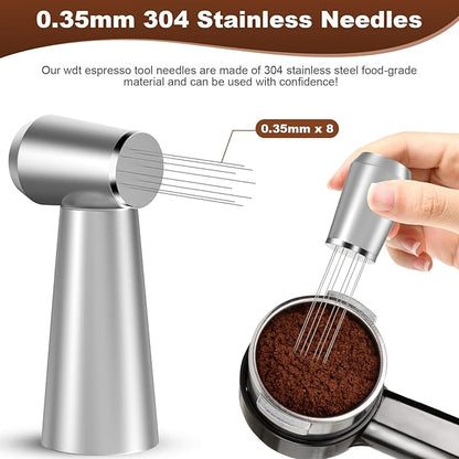 WDT Espresso Distribution Tool, 0.35mm 8 Needle Coffee Stirrer with 8 Extra Needles, 304 Stainless Steel, Aluminum Alloy Handle with Stand, Barista Espresso Whisk Tool (Metal Silver)
