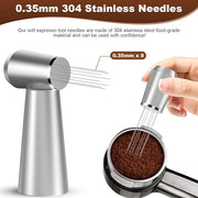 WDT Espresso Distribution Tool, 0.35mm 8 Needle Coffee Stirrer with 8 Extra Needles, 304 Stainless Steel, Aluminum Alloy Handle with Stand, Barista Espresso Whisk Tool (Metal Silver)