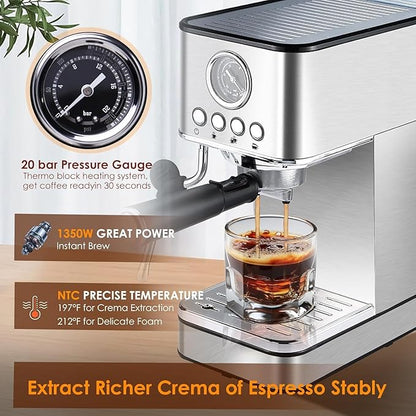 Espresso Machine Coffee Makers 20 Bar, Stainless Steel Espresso Machine with Milk Frother/Steam Wand for Espresso, Latte and Cappuccino - Premium Home Coffee Maker for Barista Quality Drinks