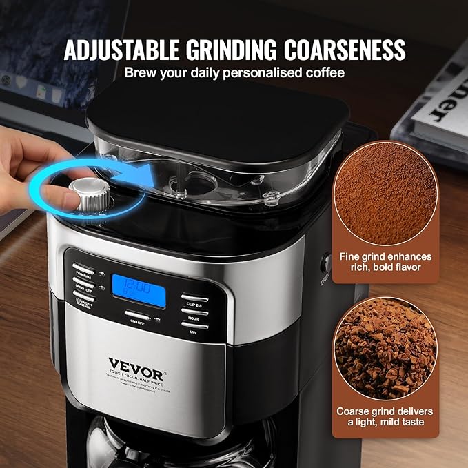 VEVOR Coffee Maker with Grinder, 8 Cup Coffee Machine, Grind and Brew Coffee Maker with 3 Brew Strength Control, 24-Hour Timer for Auto Brew, for Home Office Restaurant