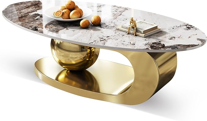 Modern Coffee Table with Gold Stainless Steel Pedestal,Oval Living Room Table with Faux Marble Top,Sintered Stone Cocktail Center Table Marble Grain,51.20inch