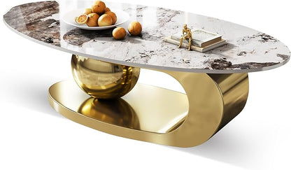 Modern Coffee Table with Gold Stainless Steel Pedestal,Oval Living Room Table with Faux Marble Top,Sintered Stone Cocktail Center Table Marble Grain,51.20inch