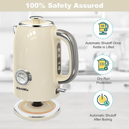 Electric Stainless Steel Tea Kettles1500W-1.7L-with Thermometer, Auto Shut-Off & Boil-Dry, Cool Touch Handle, BPA Free Kettle & Hot Water Kettle (Beige)