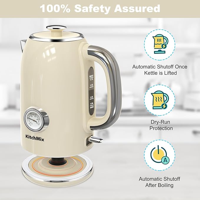 Electric Stainless Steel Tea Kettles1500W-1.7L-with Thermometer, Auto Shut-Off & Boil-Dry, Cool Touch Handle, BPA Free Kettle & Hot Water Kettle (Beige)