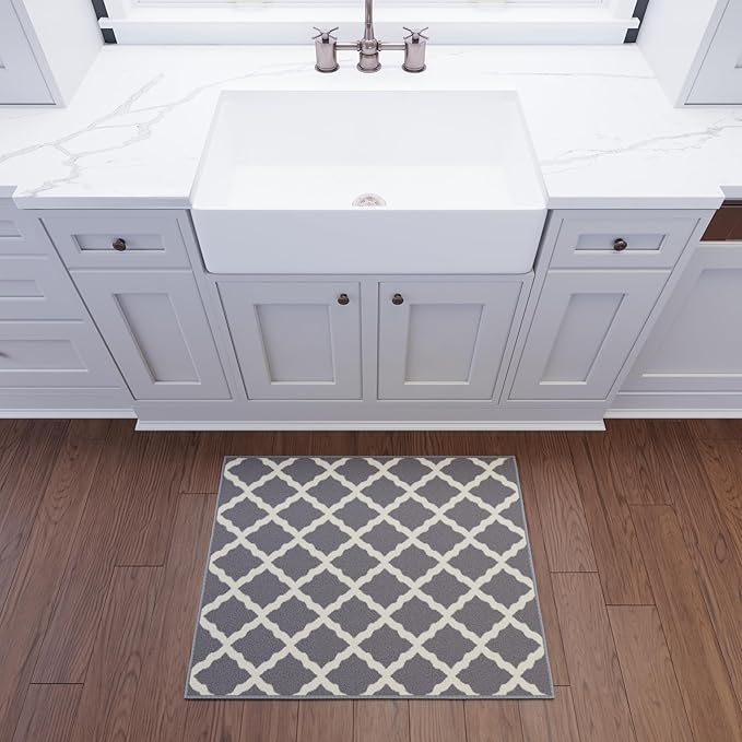 Ottomanson Rugs for Entryway 2'3" x 3' Non Slip Trellis Small Area Rugs Durable Front Door Mat Rug Stain Resistant Entrance Rugs for Bathroom Kitchen Bedroom & Living Room, Gray