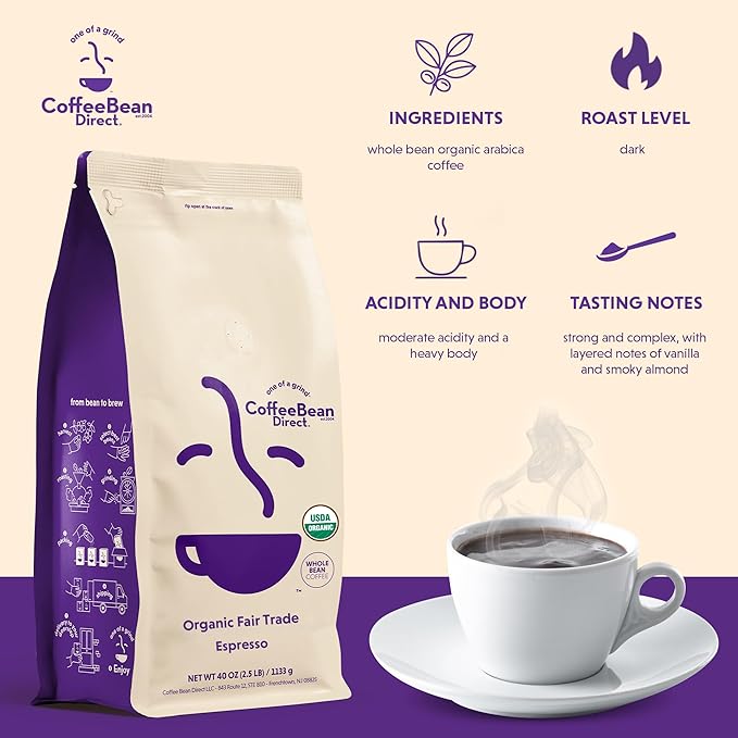 Coffee Bean Direct Organic Fair Trade Espresso, Whole Bean Coffee, Dark Roast, 2.5 Pound Bag (Pack of 1)