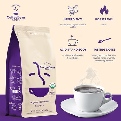 Coffee Bean Direct Organic Fair Trade Espresso, Whole Bean Coffee, Dark Roast, 2.5 Pound Bag (Pack of 1)