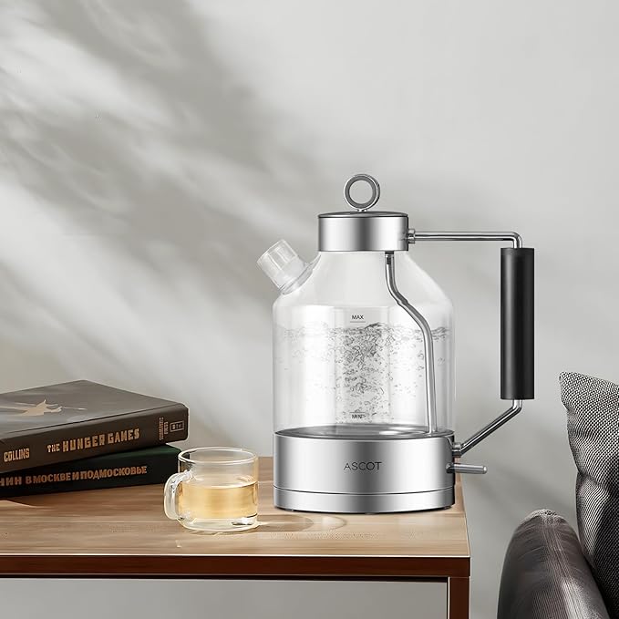 Electric Kettle, ASCOT Electric Tea Kettle 1.5L Glass Electric Kettle, Stainless Steel, BPA-Free, Cordless, Automatic Shutoff, Boil-Dry Protection (Silver)