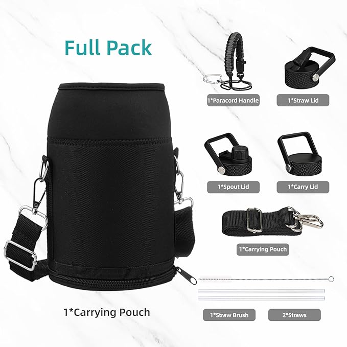 Gallon Insulated Water Bottle with Straw,128 oz 3 Lids Water Jug with Carrying Bag,Paracord Handle, Double Wall Vacuum Stainless Steel Metal Flask,Sky