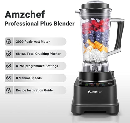 AMZCHEF 8-IN-1 Professional Blender, 2000 W Commercial Blenders for Kitchen with Timer, Innovative LED Touch Panel with 8 Preset Programs, 10 Speeds Blender for Shakes and Smoothies, 68 oz, Black