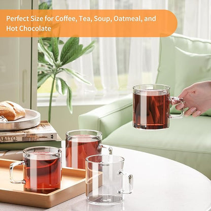 Glass Coffee Mugs Set of 4, 10 oz/300ml Large Coffee Mug, Wide Mouth Mugs with Clear Handle, Mocha Hot Beverage, Glass Cup Set for Hot or Cold