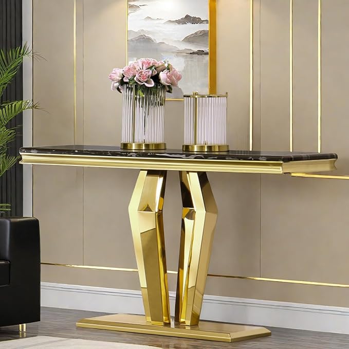Coffee Table Set with Console Table, 48 inch Black and Gold Coffee Table with Geometric Polished Base, Rectangular Gold Sofa Table for Living Room