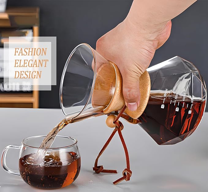Pour Over Coffee Maker with Reusable Stainless Steel Drip Filter, Lead-Free Borosilicate Glass Coffee Carafe with Modern Wooden Collar for 1-2Cup, Diamond Clear (400ml/13.5oz)