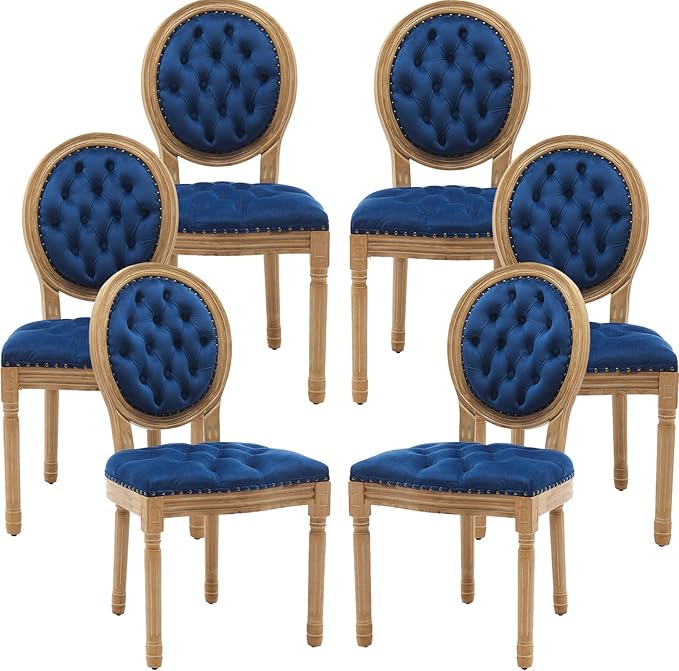 French Country Dining Chairs Set of 6, Blue Velvet Upholstered Dining Chairs, Tufted Back, Solid Wood Legs, Farmhouse Kitchen & Dining Room Chairs, Sillas De Comedor (Blue, 6Pcs)