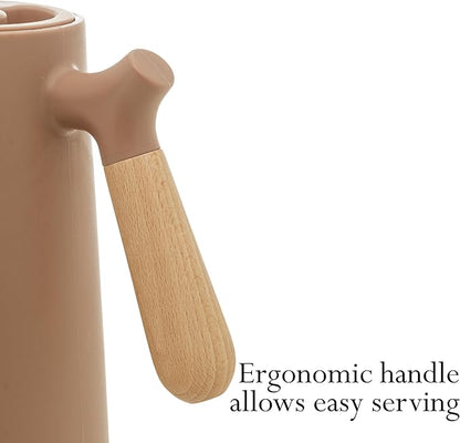 WOLFF - Thermal Coffee Carafe – 34oz/1L Insulated Food-Safe Plastic Exterior and Glass Liner, Wood-Style Handle – Keeps Drinks Hot or Cold for Hours, Coffee and Tea Dispenser - Nude Pink, 34floz/1L
