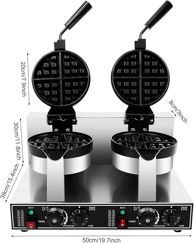 Commercial Waffle Maker, Double Head Waffle Maker Machine Belgian Round Waffle Iron Non-Stick Rotary Heating Pancake Machine with Temp & Time Control for Kitchen Restaurant (Stye 2)