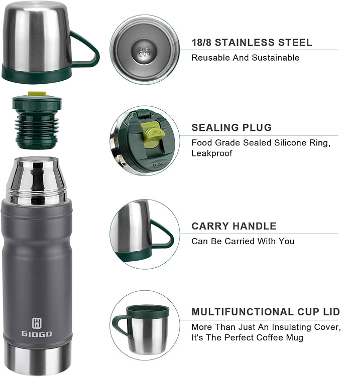 Vacuum Insulated Water Bottle Thermo Water Flask with Cup 680ml/23oz Stainless Steel Thermal Water Bottles Thermo for Hot and Cold Drinks Coffee Water(Dark Grey,Single)