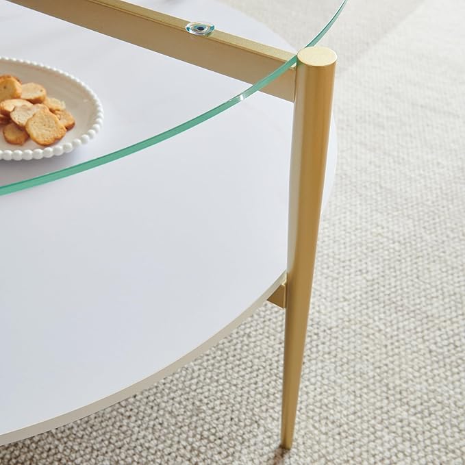 Shrine Modern Coffee Table with Glass Top, Round Table for Living Room, Two-Tier 30-Inch White Wooden Storage Coffee Table, Gold Table Legs Structure & Clear Glass Top
