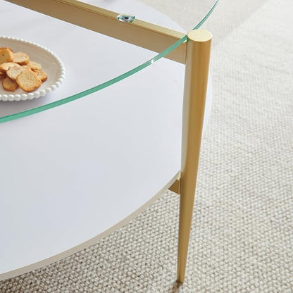 Shrine Modern Coffee Table with Glass Top, Round Table for Living Room, Two-Tier 30-Inch White Wooden Storage Coffee Table, Gold Table Legs Structure & Clear Glass Top
