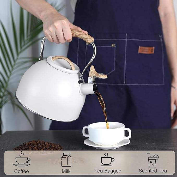 Tea Kettle, Vegoran 100 OZ / 3 Liter Whistling Tea Kettle, Tea Pots for Stove Top Food Grade Stainless Steel with Wood Pattern Folding Handle, Loud Whistle Kettle for Tea, Coffee, Milk (White)